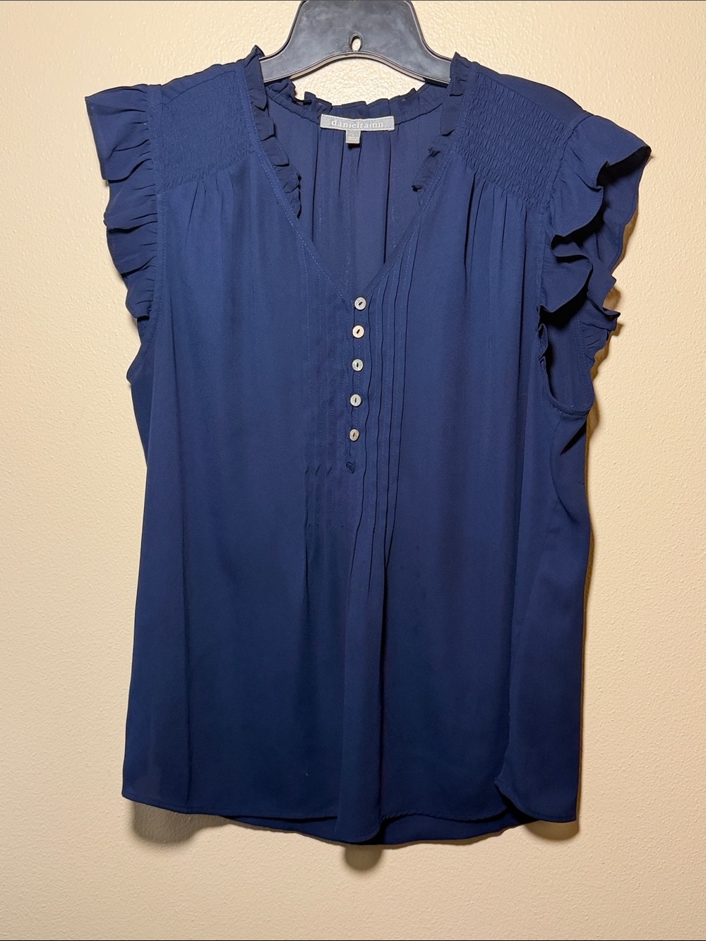 Anne Klein Navy Ruffle Cap Sleeve Pintuck Blouse